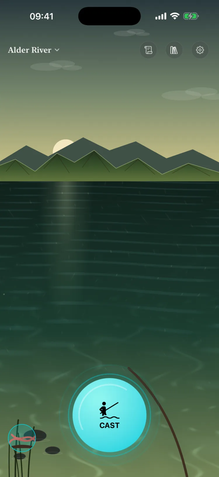 The Longcast fishing scene at dawn: mountains behind still water, a glowing CAST button, and a bait chip in the reeds.