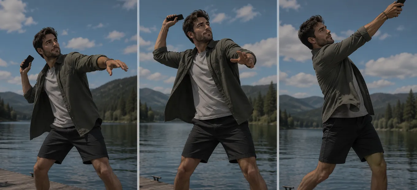 Three photos of an angler swinging a phone like a rod: cocked back at the shoulder, whipping forward, arm extended toward the water.
